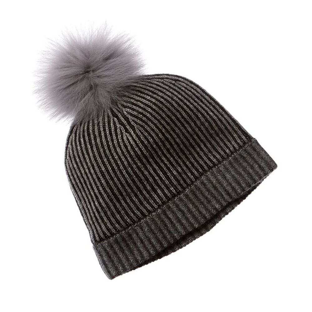 Forte Cashmere Colorblocked Pompom Cashmere Hat, Grey